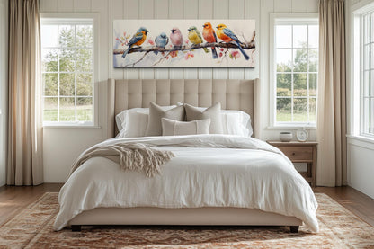 Colorful Birds On Branch Long Horizontal Above Bed Wall Art
