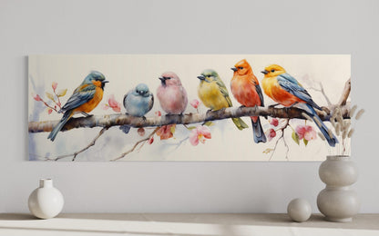 Colorful Birds On Branch Long Horizontal Above Bed Wall Art
