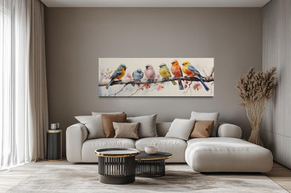 Colorful Birds On Branch Long Horizontal Above Bed Wall Art
