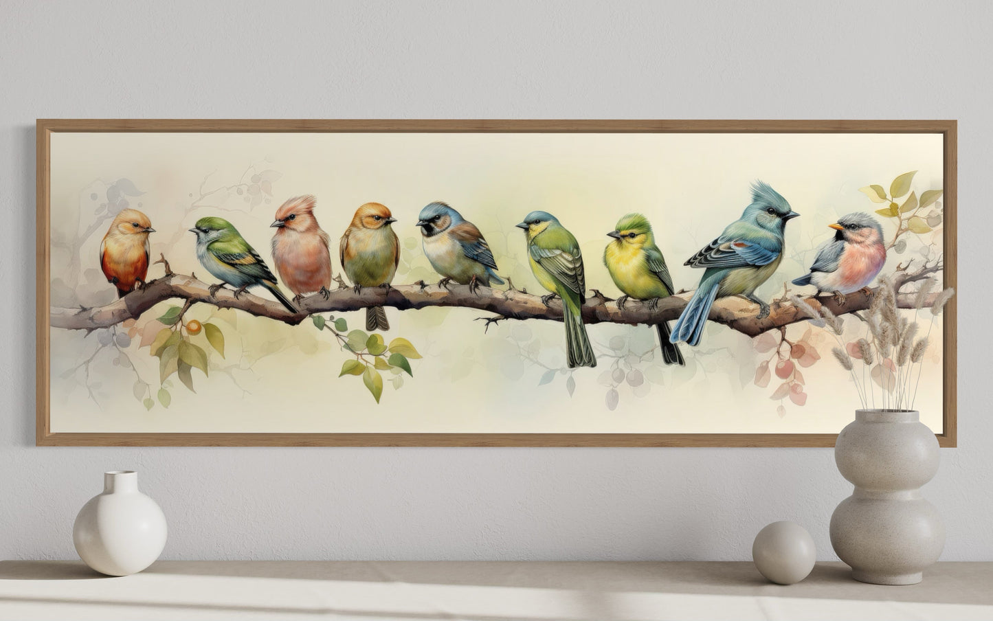 Colorful Birds On a Branch Horizontal Framed Canvas Wall Art