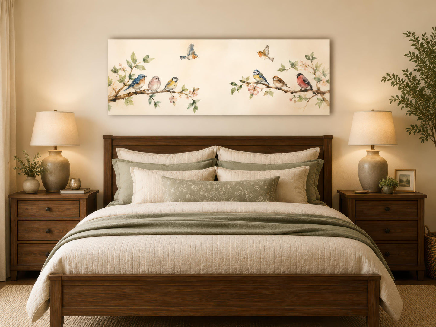 Colorful Birds Wall Art – Long Horizontal Canvas Print with Blossoming Branches & Songbirds