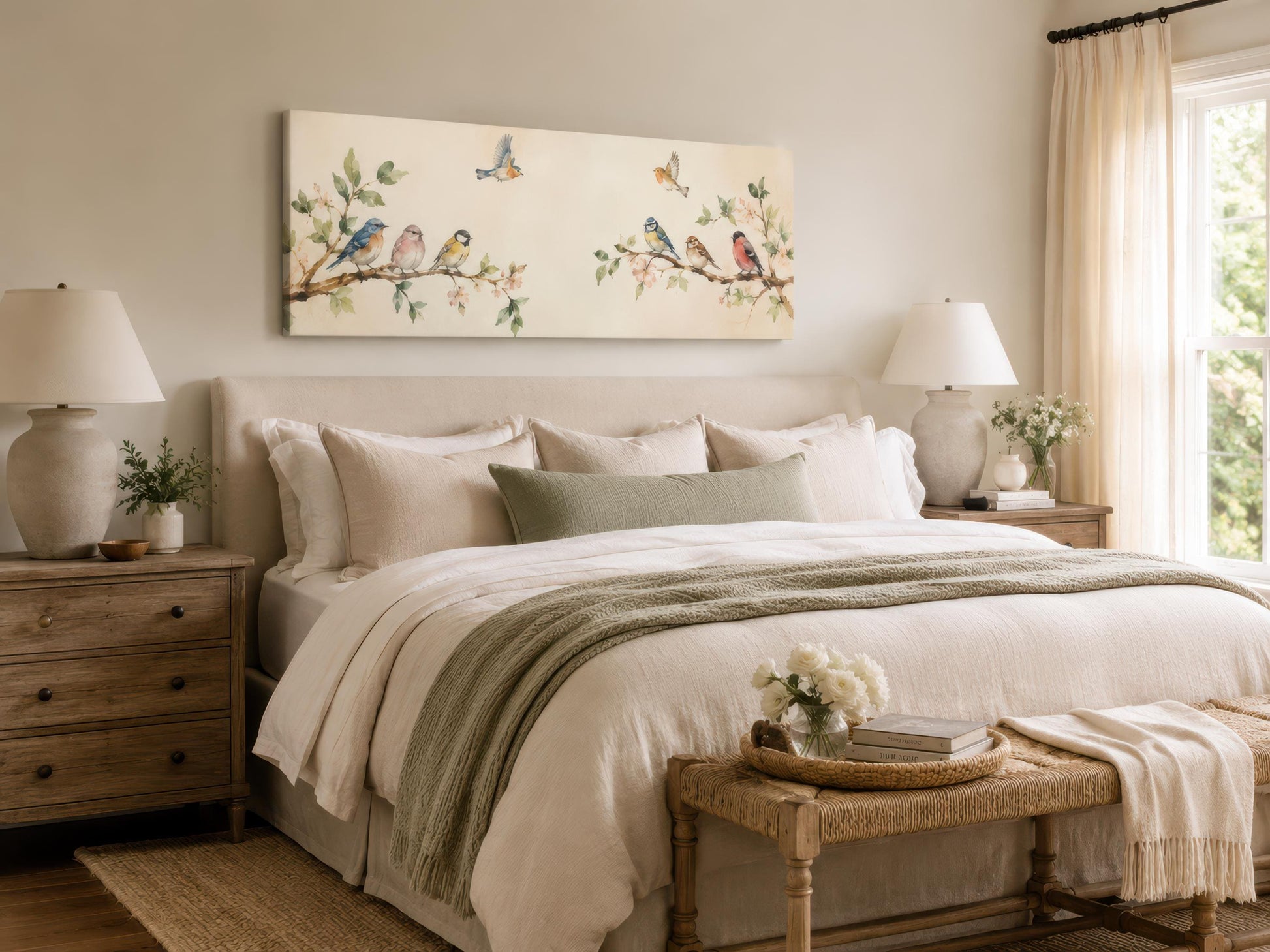 Colorful Birds Wall Art – Long Horizontal Canvas Print with Blossoming Branches & Songbirds