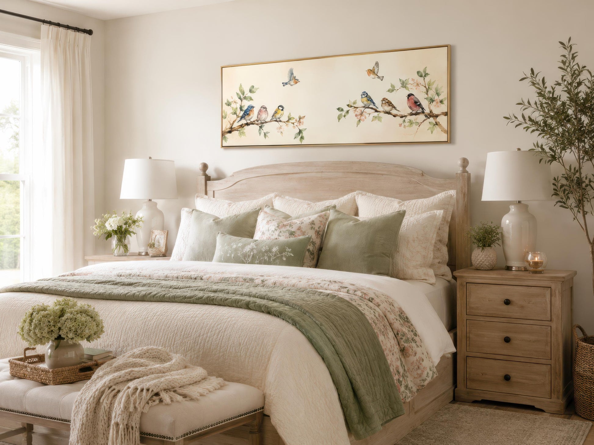 Colorful Birds Wall Art – Long Horizontal Canvas Print with Blossoming Branches & Songbirds