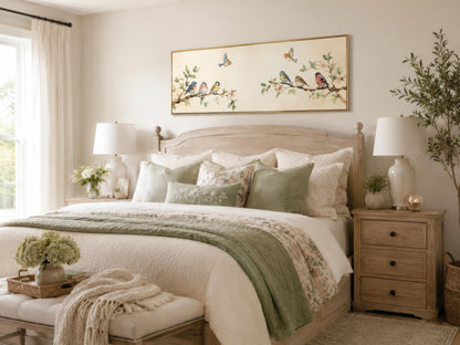 Colorful Birds Wall Art – Long Horizontal Canvas Print with Blossoming Branches & Songbirds