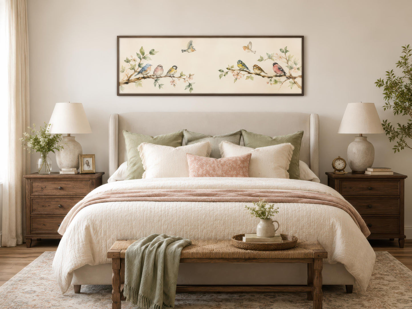 Colorful Birds Wall Art – Long Horizontal Canvas Print with Blossoming Branches & Songbirds
