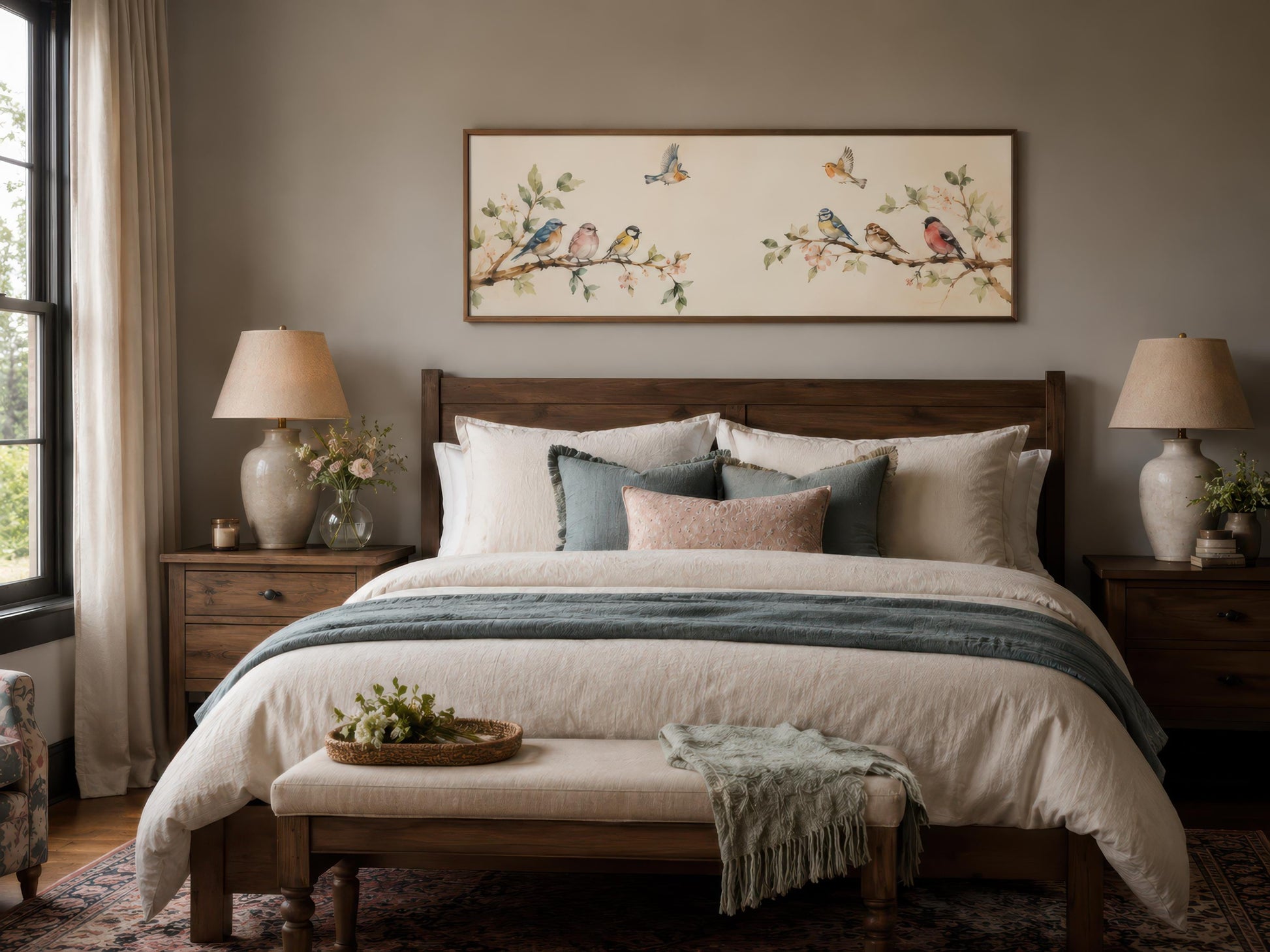 Colorful Birds Wall Art – Long Horizontal Canvas Print with Blossoming Branches & Songbirds