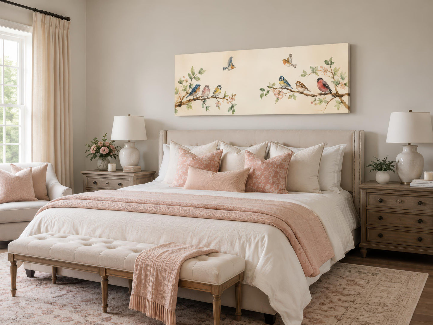 Colorful Birds Wall Art – Long Horizontal Canvas Print with Blossoming Branches & Songbirds
