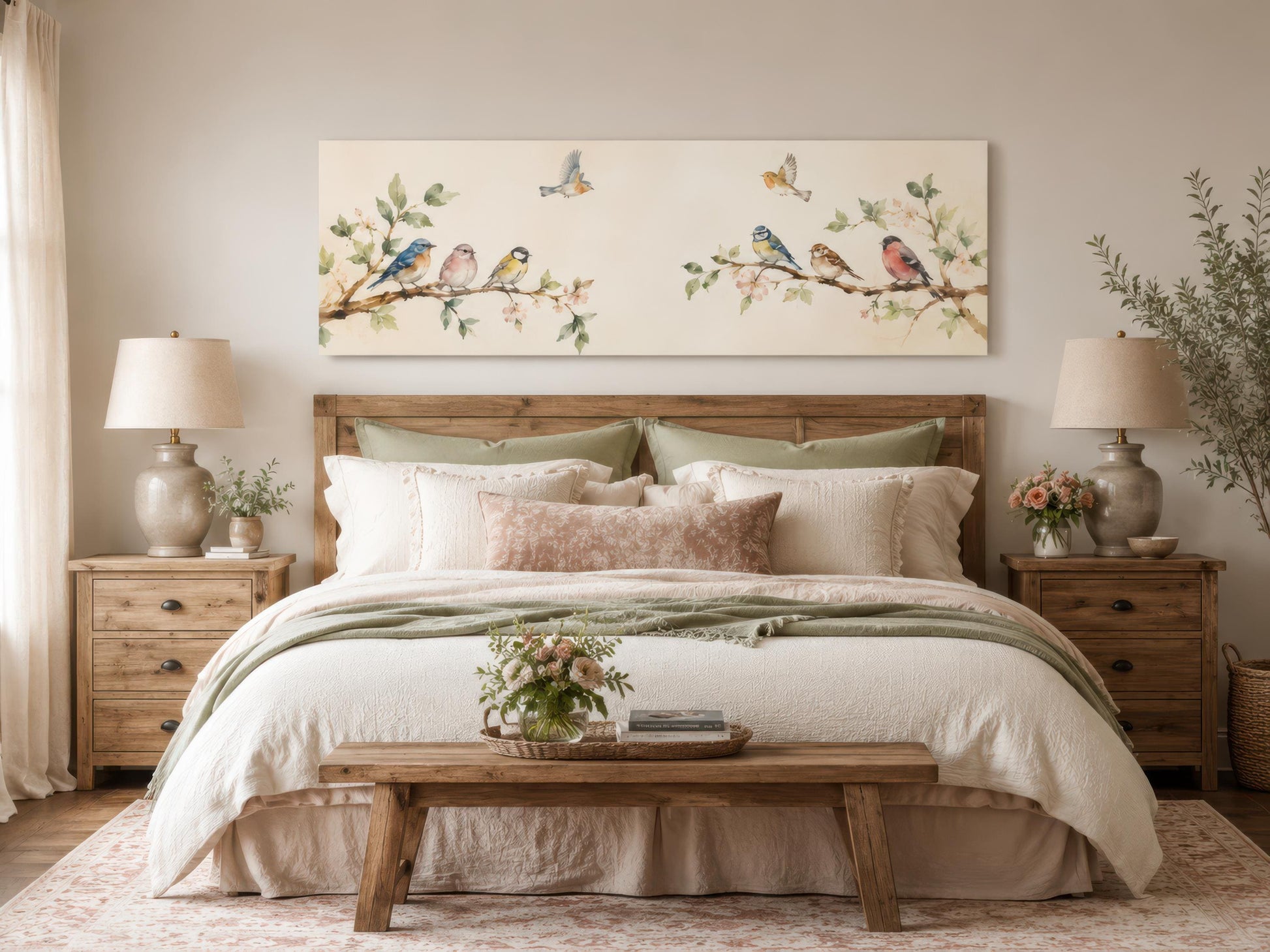 Colorful Birds Wall Art – Long Horizontal Canvas Print with Blossoming Branches & Songbirds