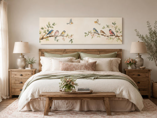 Colorful Birds Wall Art – Long Horizontal Canvas Print with Blossoming Branches & Songbirds