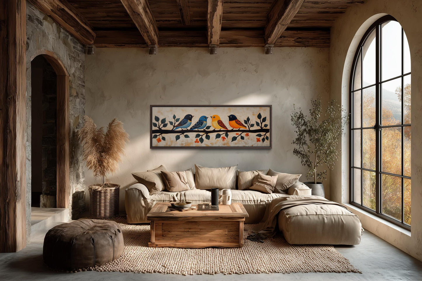 Colorful Birds Wall Art - Long Narrow Canvas Print | Folk Style Painting Above Bed