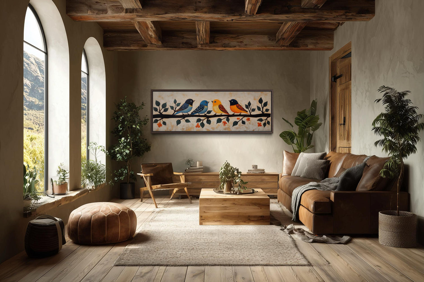 Colorful Birds Wall Art - Long Narrow Canvas Print | Folk Style Painting Above Bed
