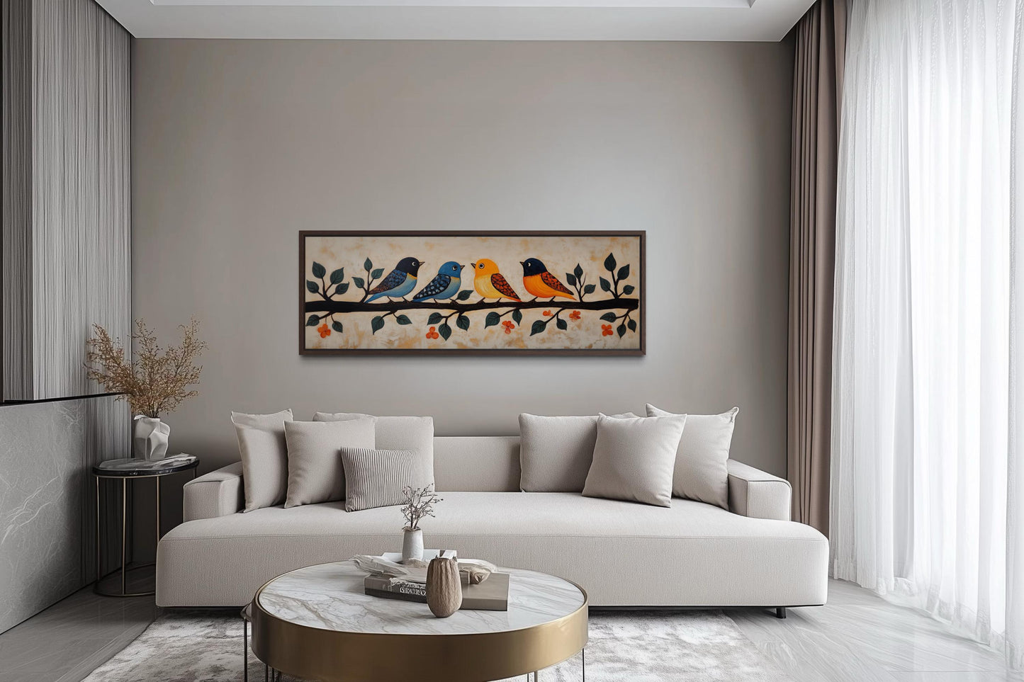Colorful Birds Wall Art - Long Narrow Canvas Print | Folk Style Painting Above Bed