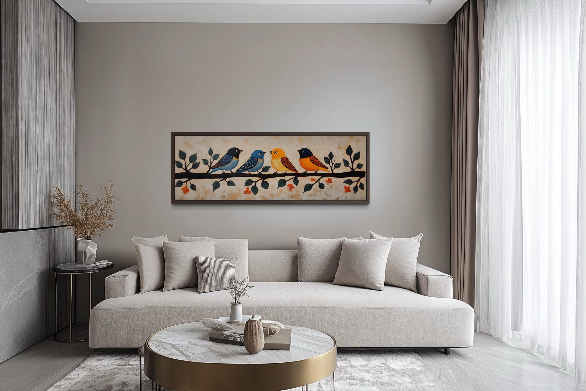 Colorful Birds Wall Art - Long Narrow Canvas Print | Folk Style Painting Above Bed