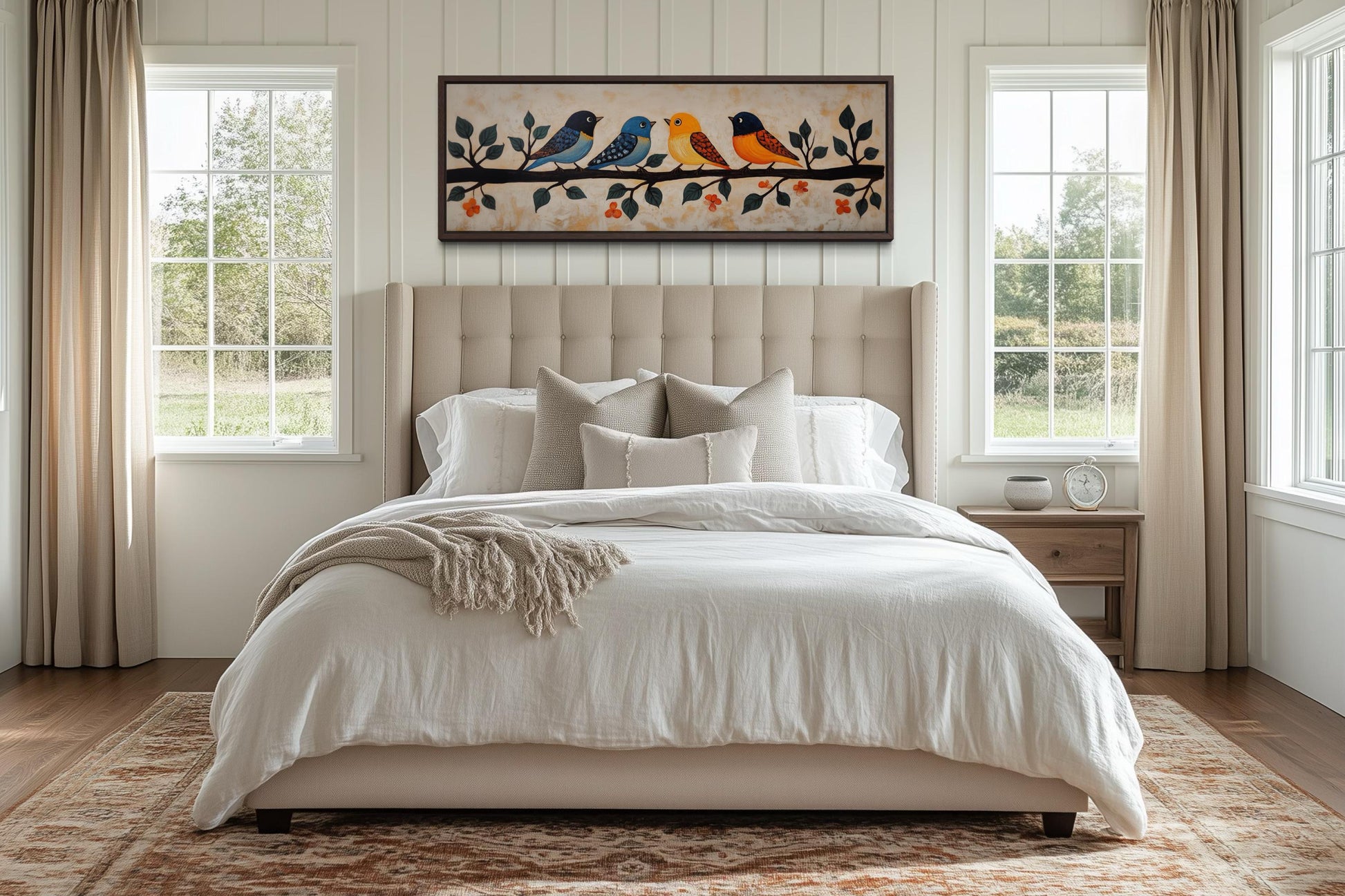 Colorful Birds Wall Art - Long Narrow Canvas Print | Folk Style Painting Above Bed
