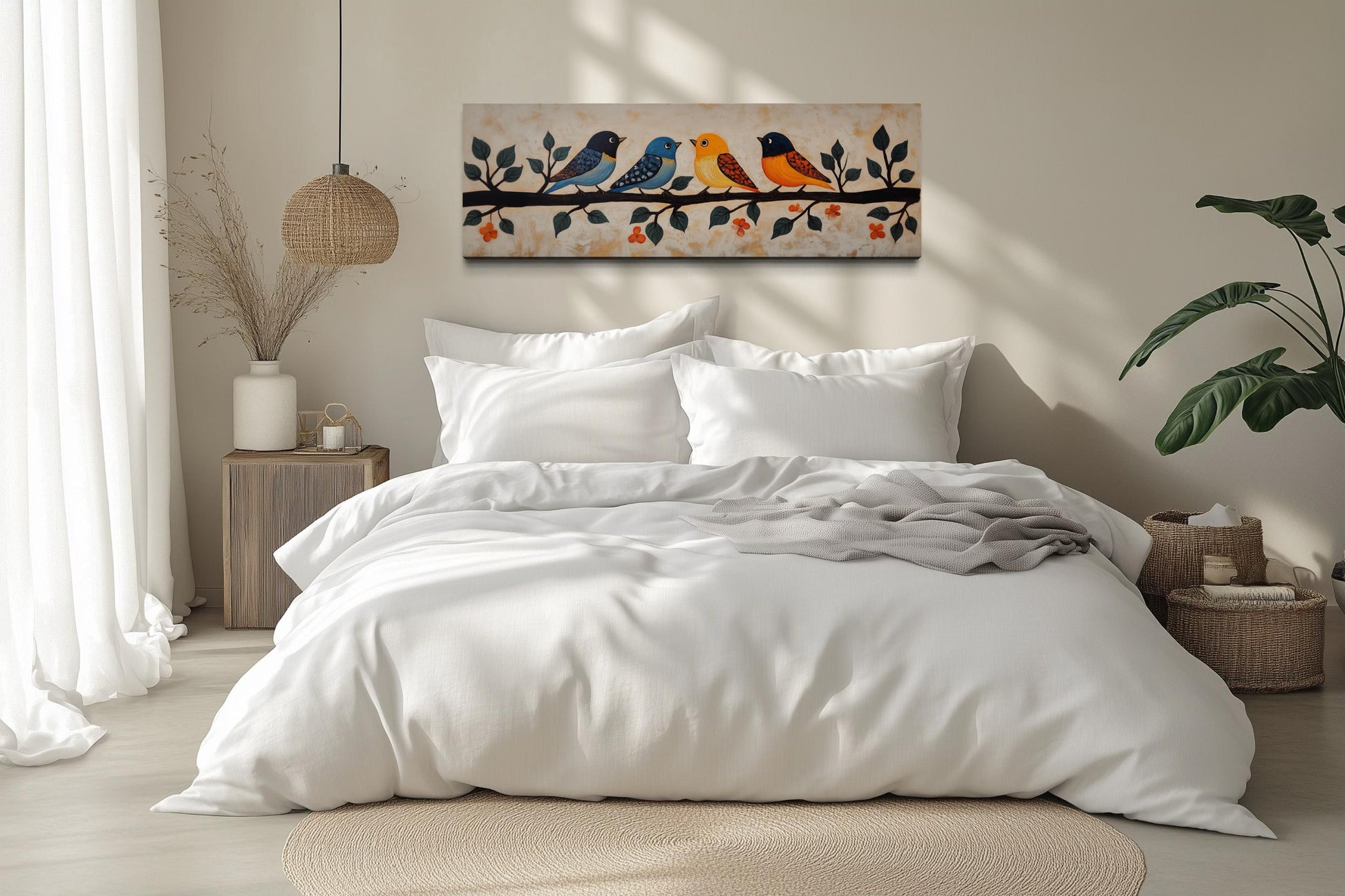 Colorful Birds Wall Art - Long Narrow Canvas Print | Folk Style Painting Above Bed