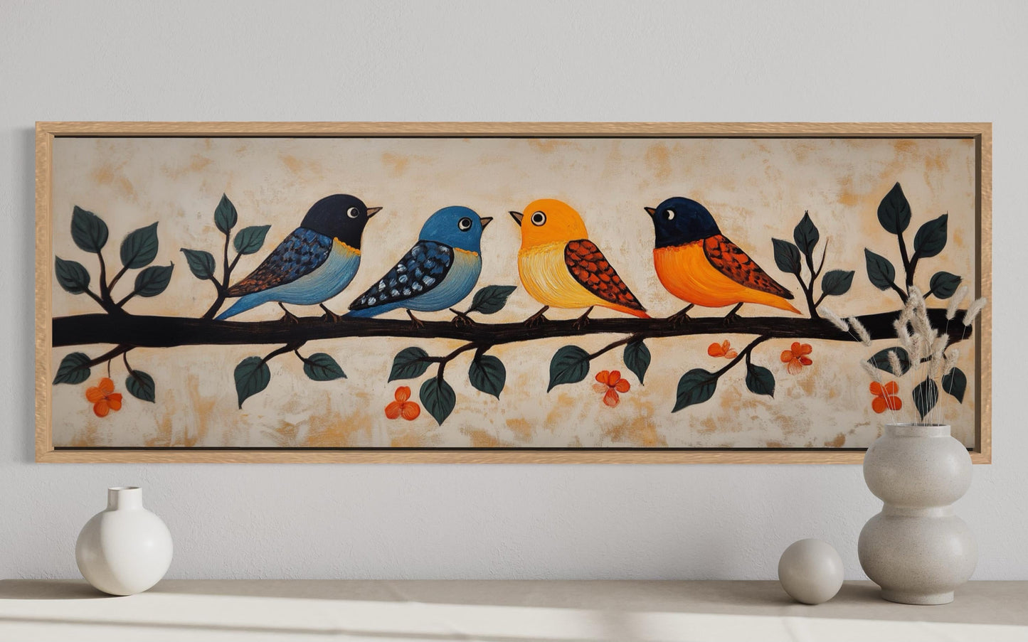 Colorful Birds Wall Art - Long Narrow Canvas Print | Folk Style Painting Above Bed