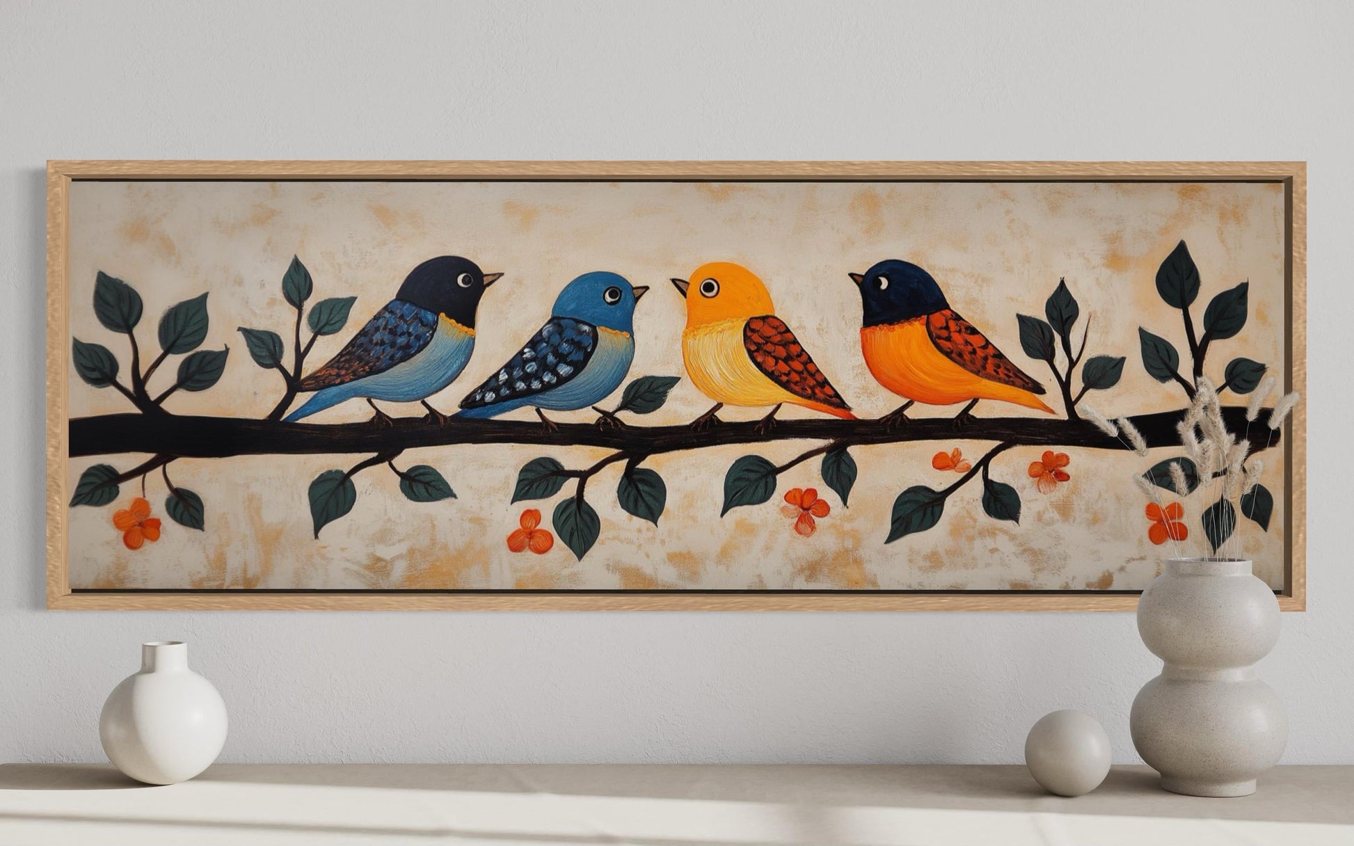 Colorful Birds Wall Art - Long Narrow Canvas Print | Folk Style Painting Above Bed