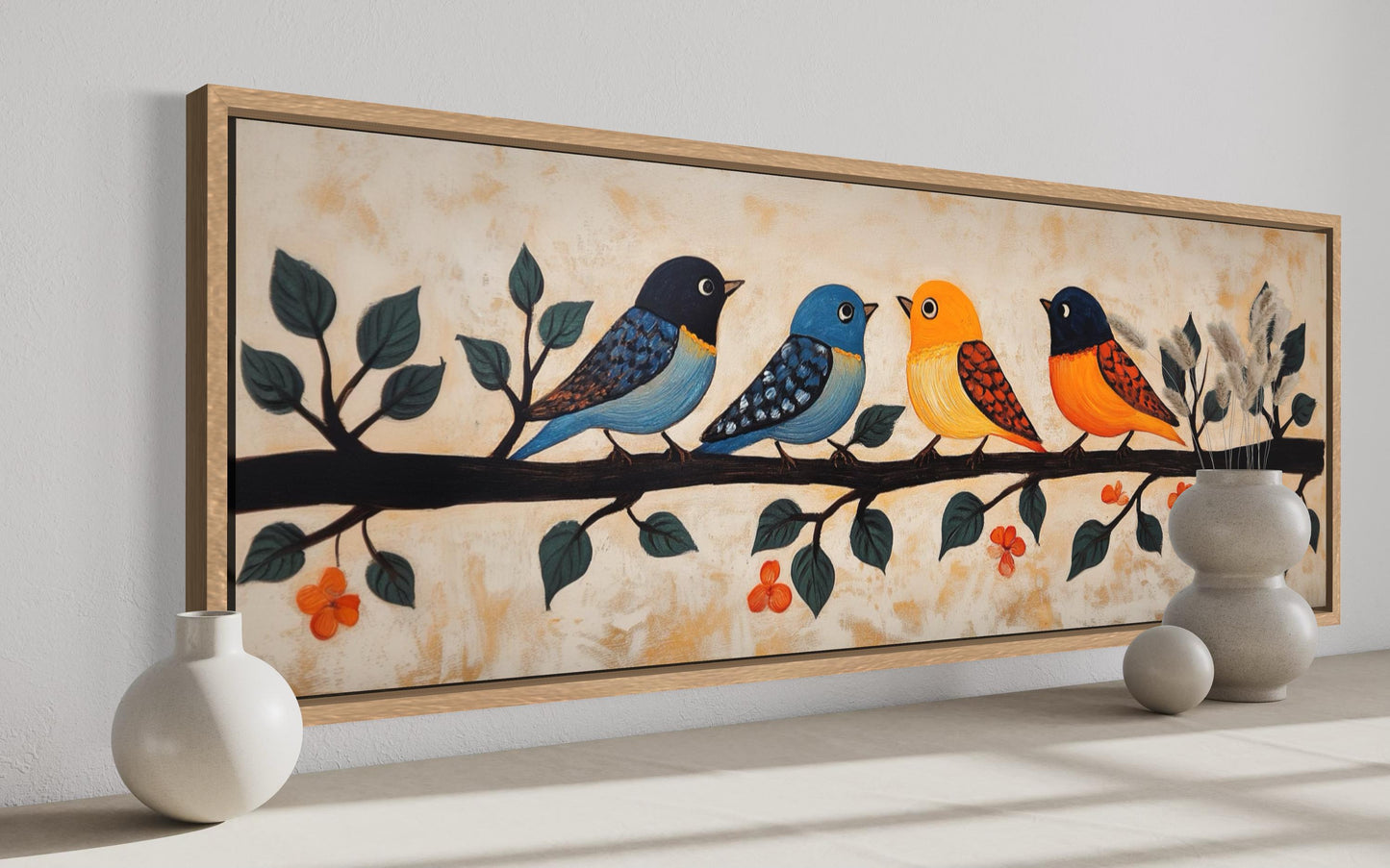 Colorful Birds Wall Art - Long Narrow Canvas Print | Folk Style Painting Above Bed