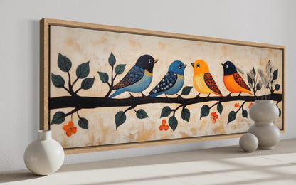 Colorful Birds Wall Art - Long Narrow Canvas Print | Folk Style Painting Above Bed