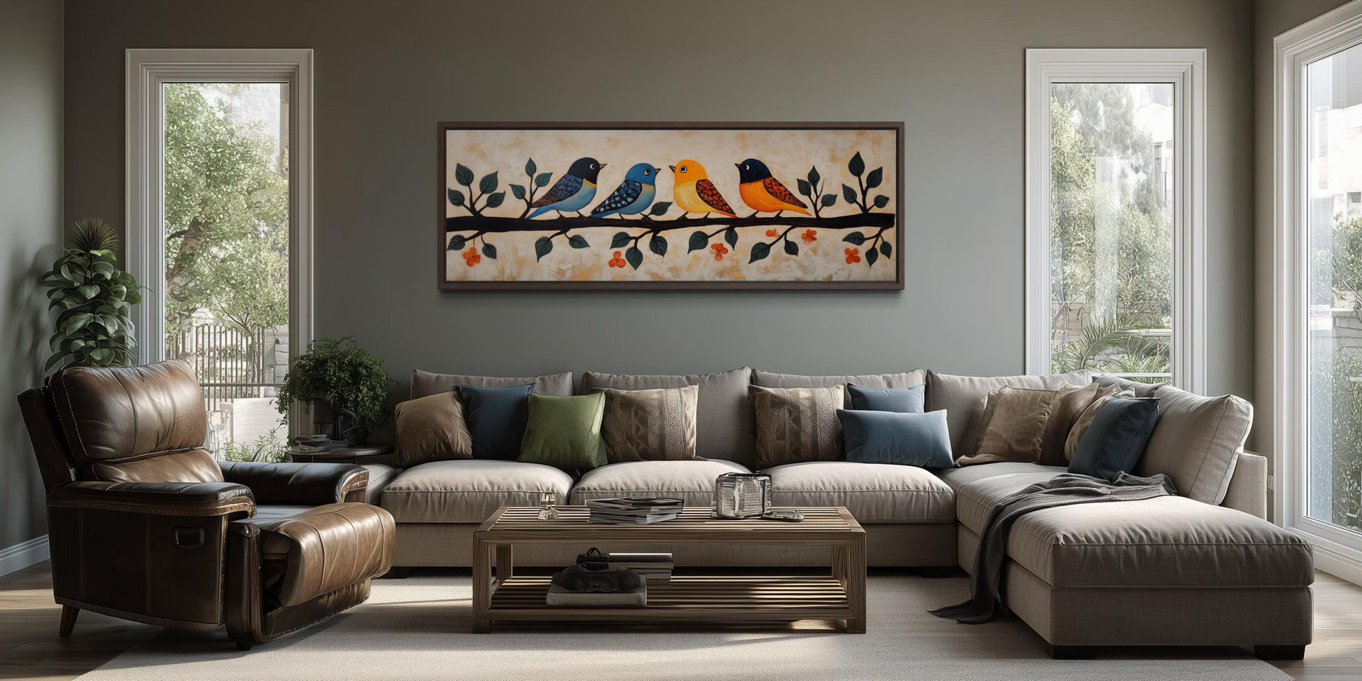 Colorful Birds Wall Art - Long Narrow Canvas Print | Folk Style Painting Above Bed