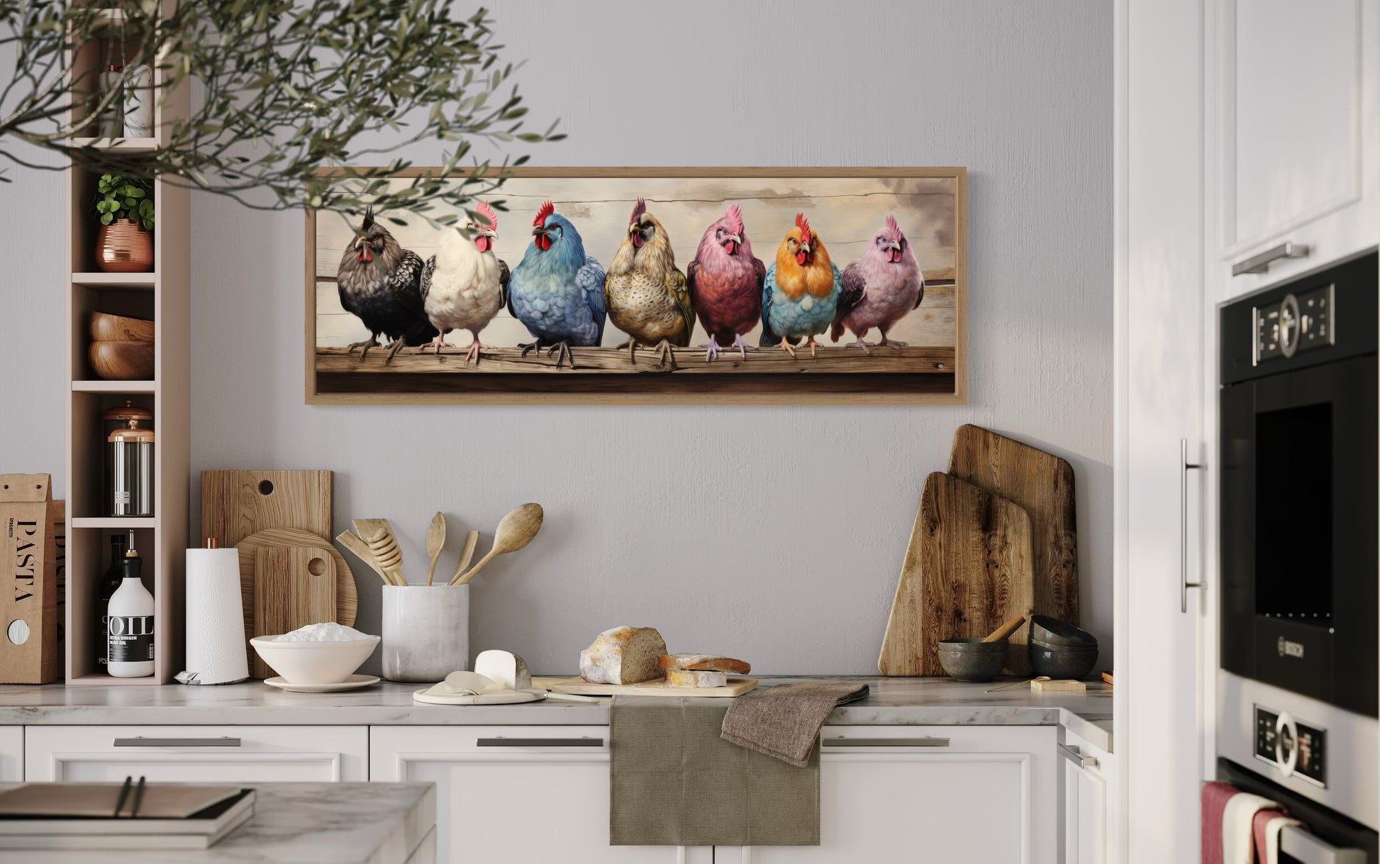 Colorful Chickens And Roosters Panoramic Rustic Farmhouse Framed Canvas Wall Art