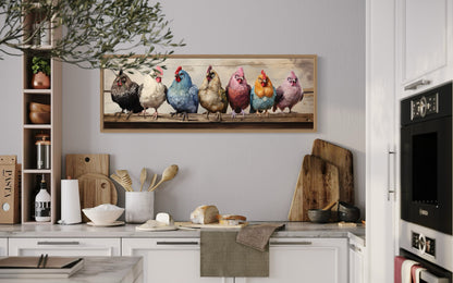 Colorful Chickens And Roosters Panoramic Rustic Farmhouse Framed Canvas Wall Art