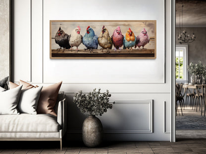 Colorful Chickens And Roosters Panoramic Rustic Farmhouse Framed Canvas Wall Art