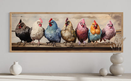 Colorful Chickens And Roosters Panoramic Rustic Farmhouse Framed Canvas Wall Art