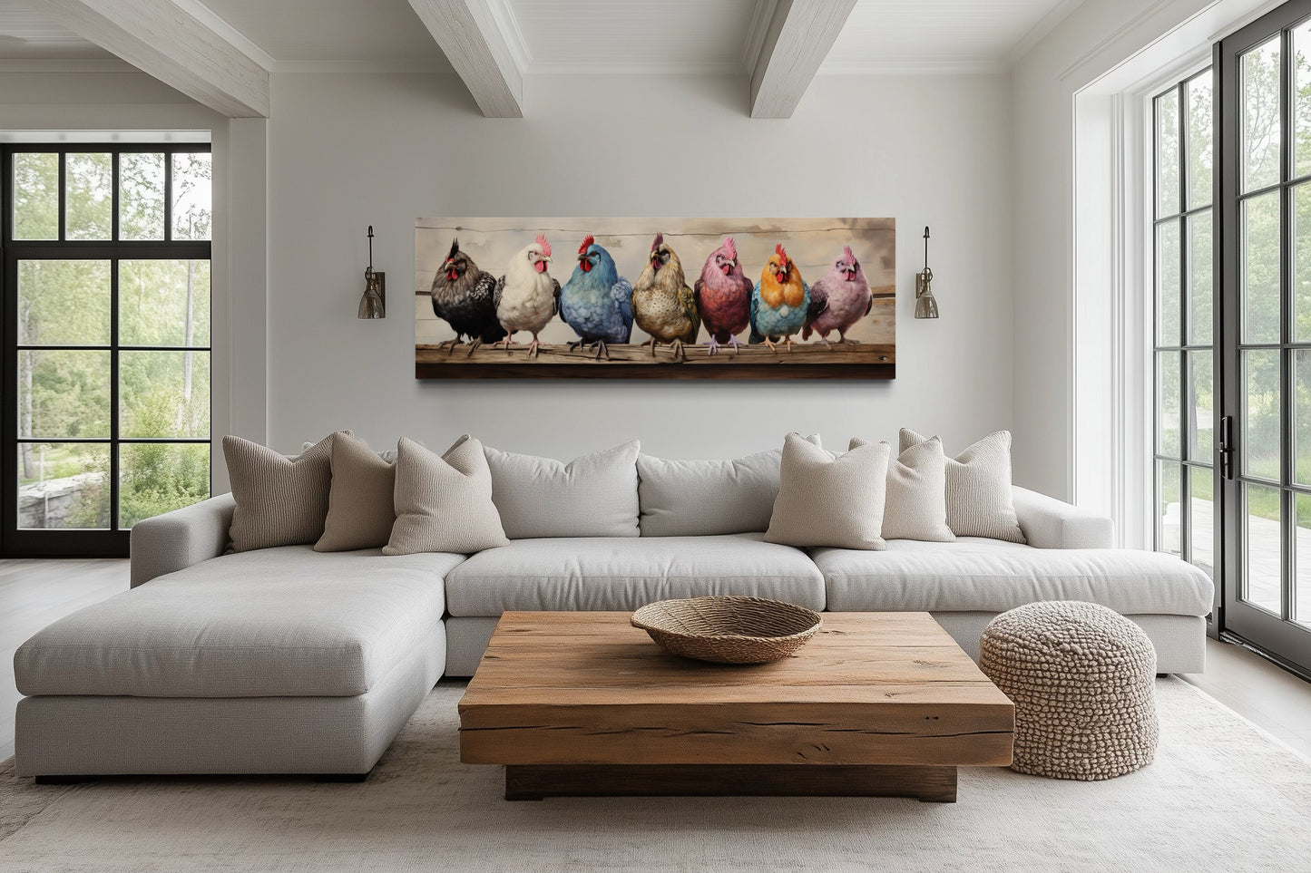 Colorful Chickens And Roosters Panoramic Rustic Farmhouse Framed Canvas Wall Art