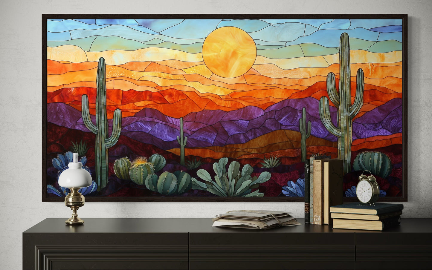 Colorful Desert And Cacti Stained Glass Style Framed Canvas Wall Art