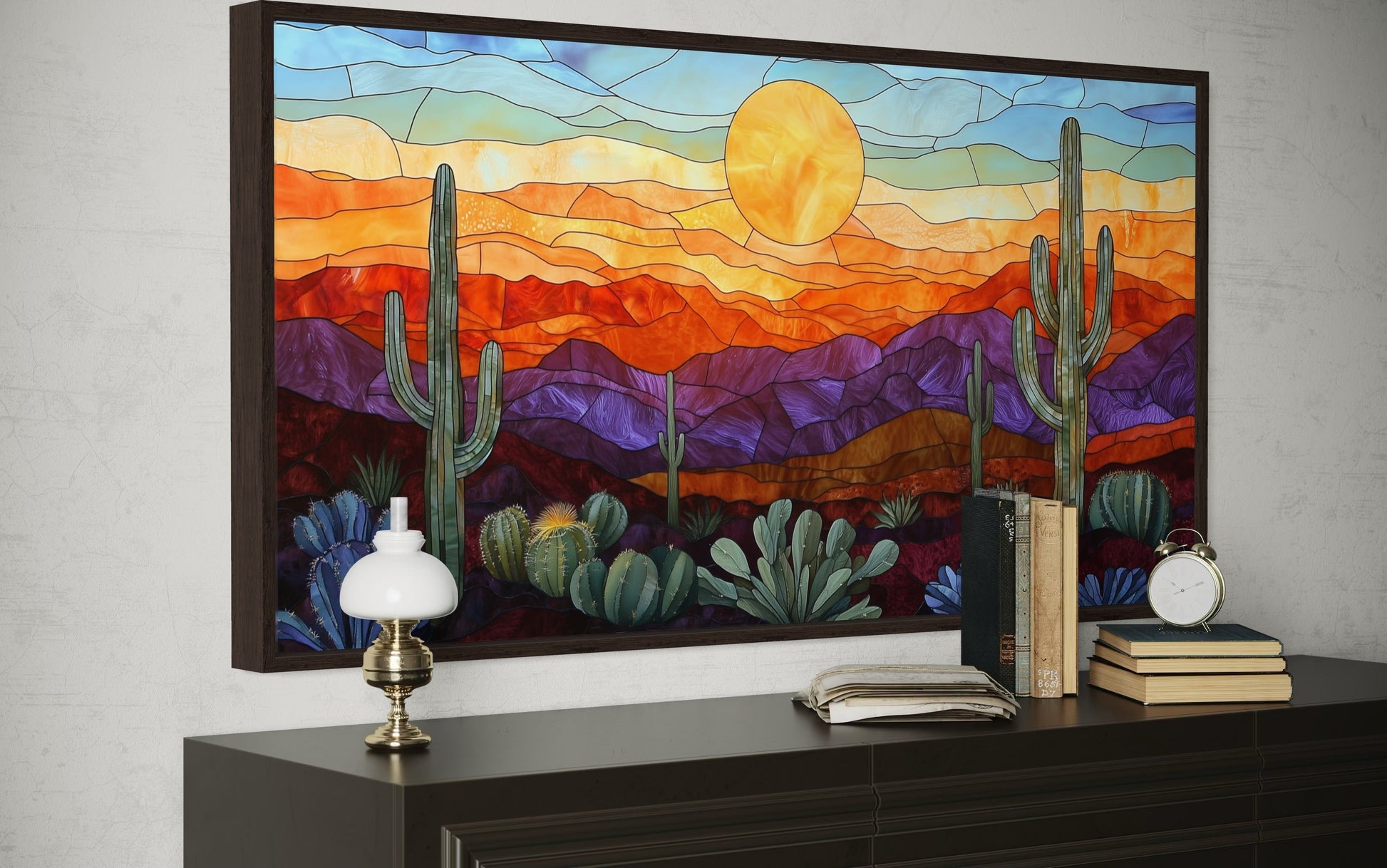 Colorful Desert And Cacti Stained Glass Style Framed Canvas Wall Art