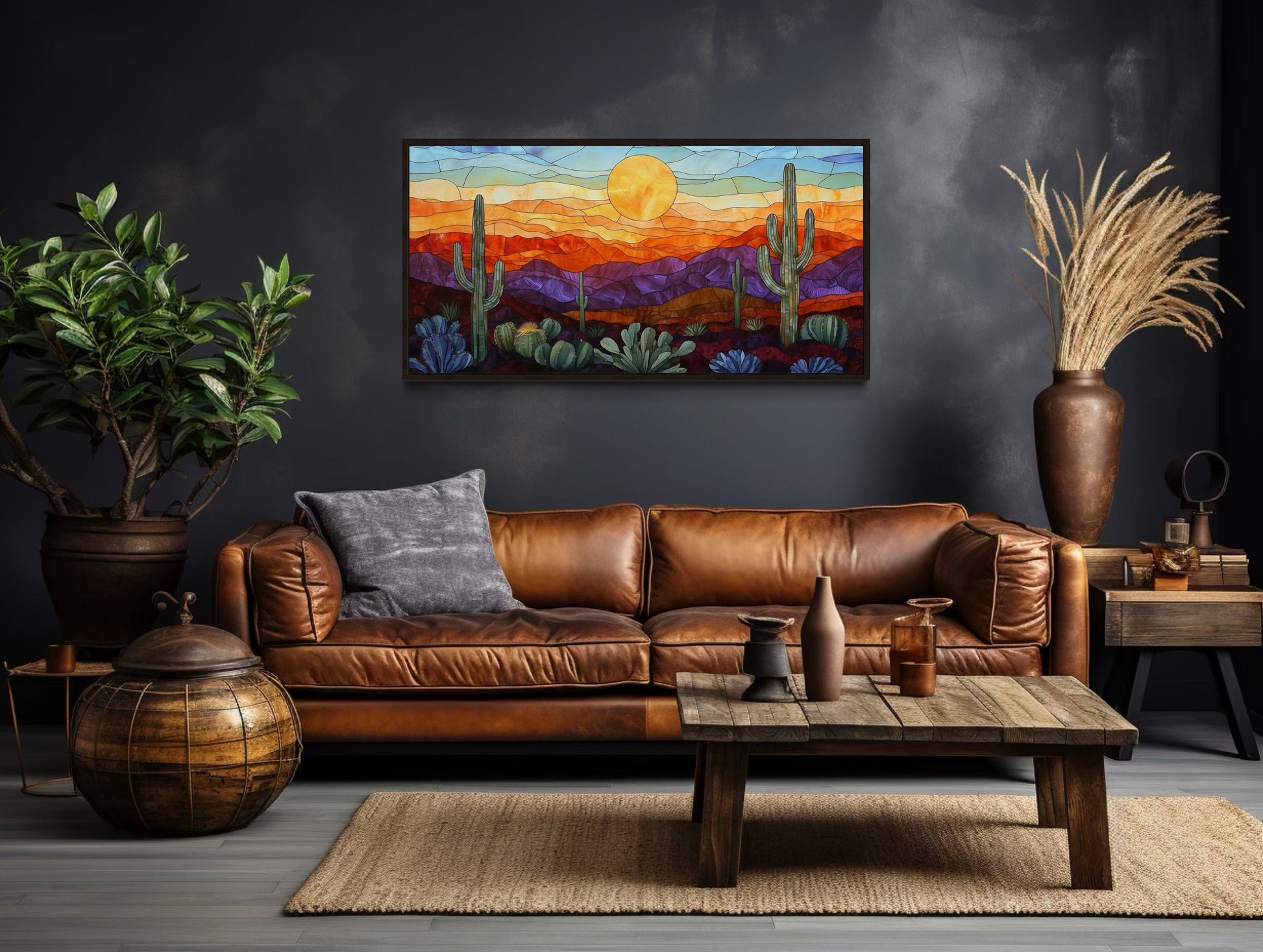 Colorful Desert And Cacti Stained Glass Style Framed Canvas Wall Art