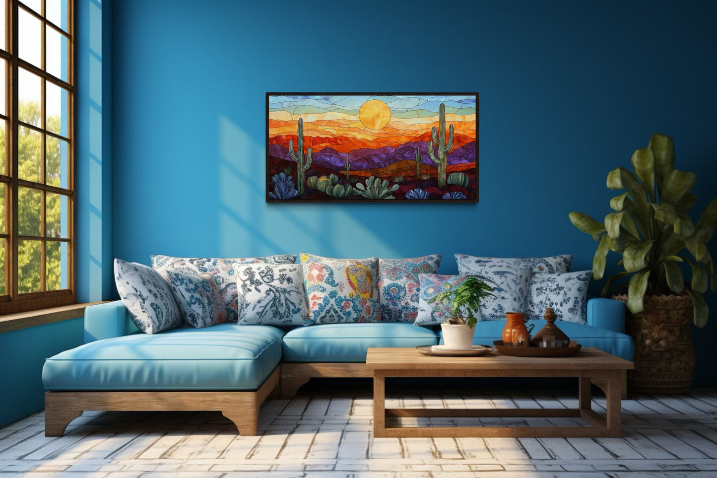 Colorful Desert And Cacti Stained Glass Style Framed Canvas Wall Art