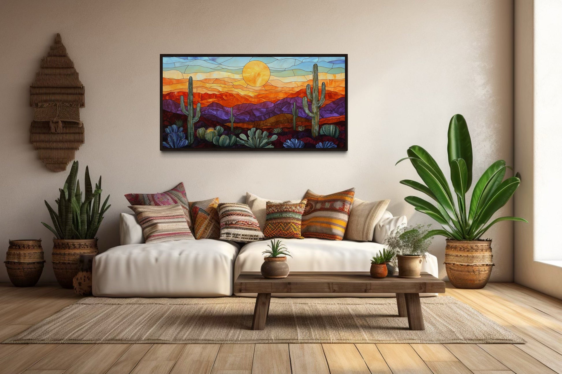 Colorful Desert And Cacti Stained Glass Style Framed Canvas Wall Art