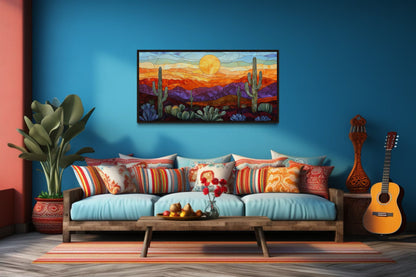 Colorful Desert And Cacti Stained Glass Style Framed Canvas Wall Art