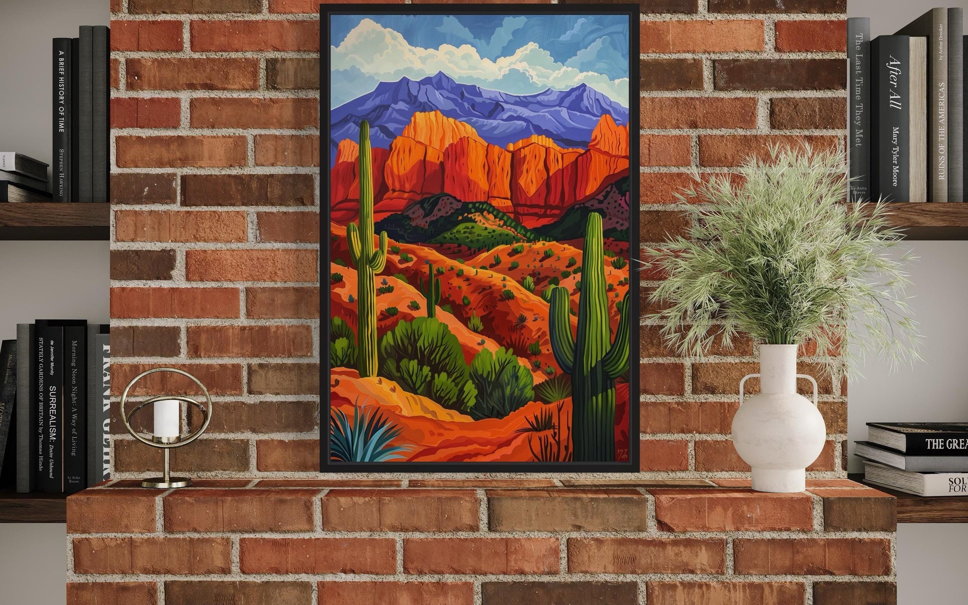 Colorful Desert And Saguaro Cactus Framed Canvas Wall Art