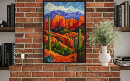 Colorful Desert And Saguaro Cactus Framed Canvas Wall Art