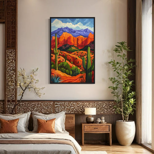 Colorful Desert And Saguaro Cactus Framed Canvas Wall Art