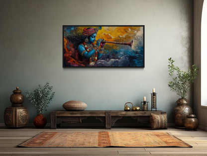 Colorful Krishna Playing Flute Framed Horizontal Canvas Wall Art
