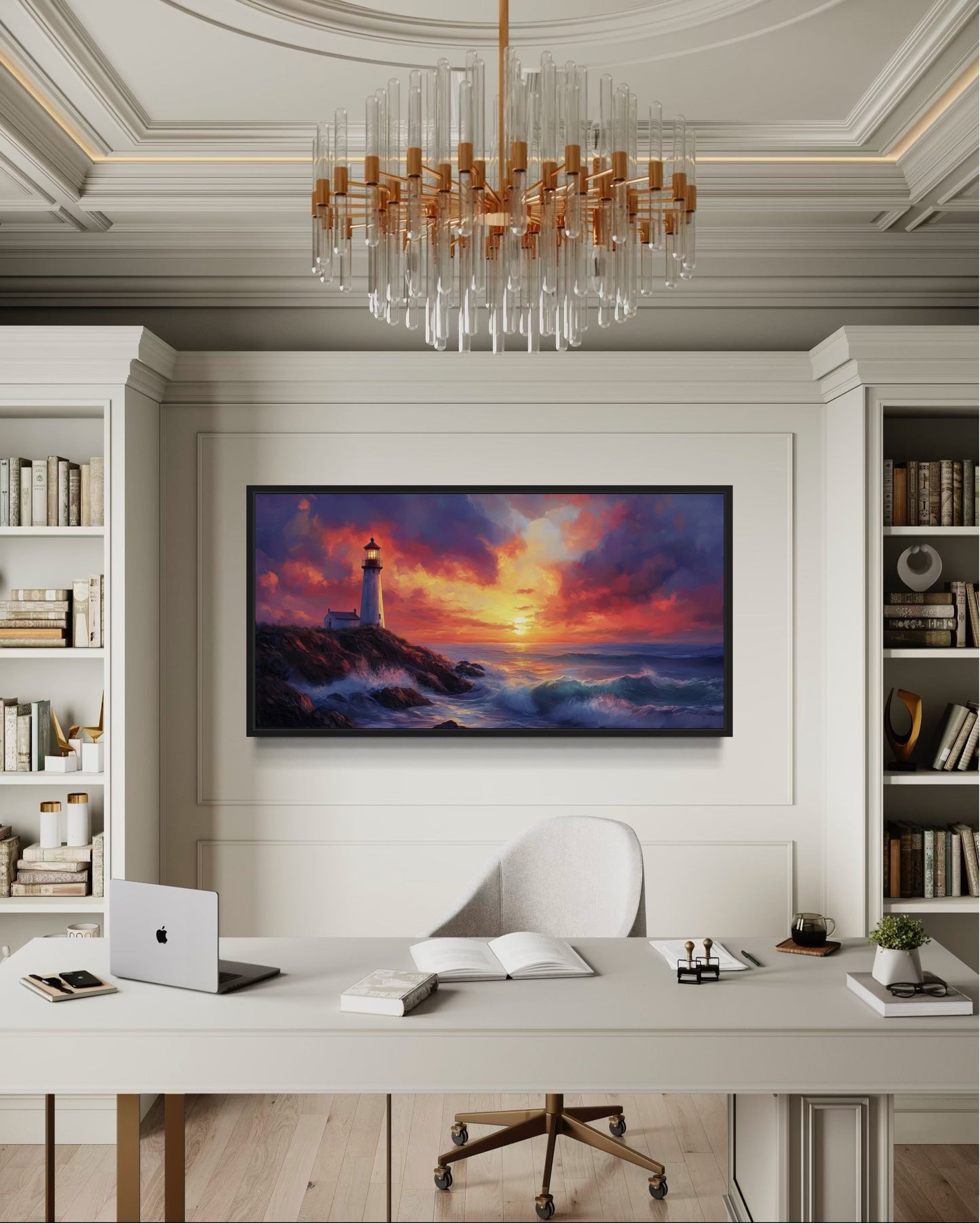 Colorful Lighthouse At Sunset Framed Nautical Wall Decor Canvas Wall Art