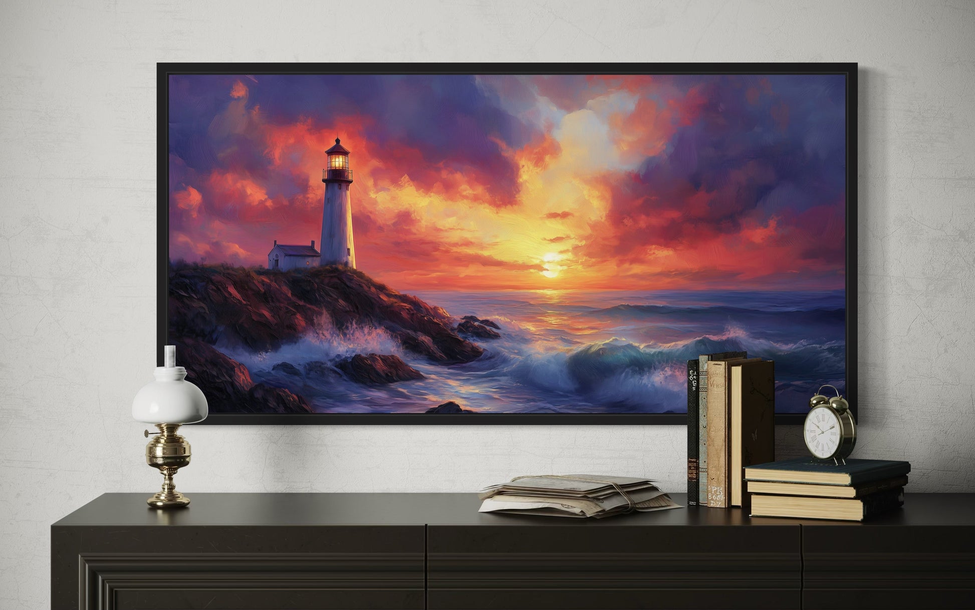 Colorful Lighthouse At Sunset Framed Nautical Wall Decor Canvas Wall Art