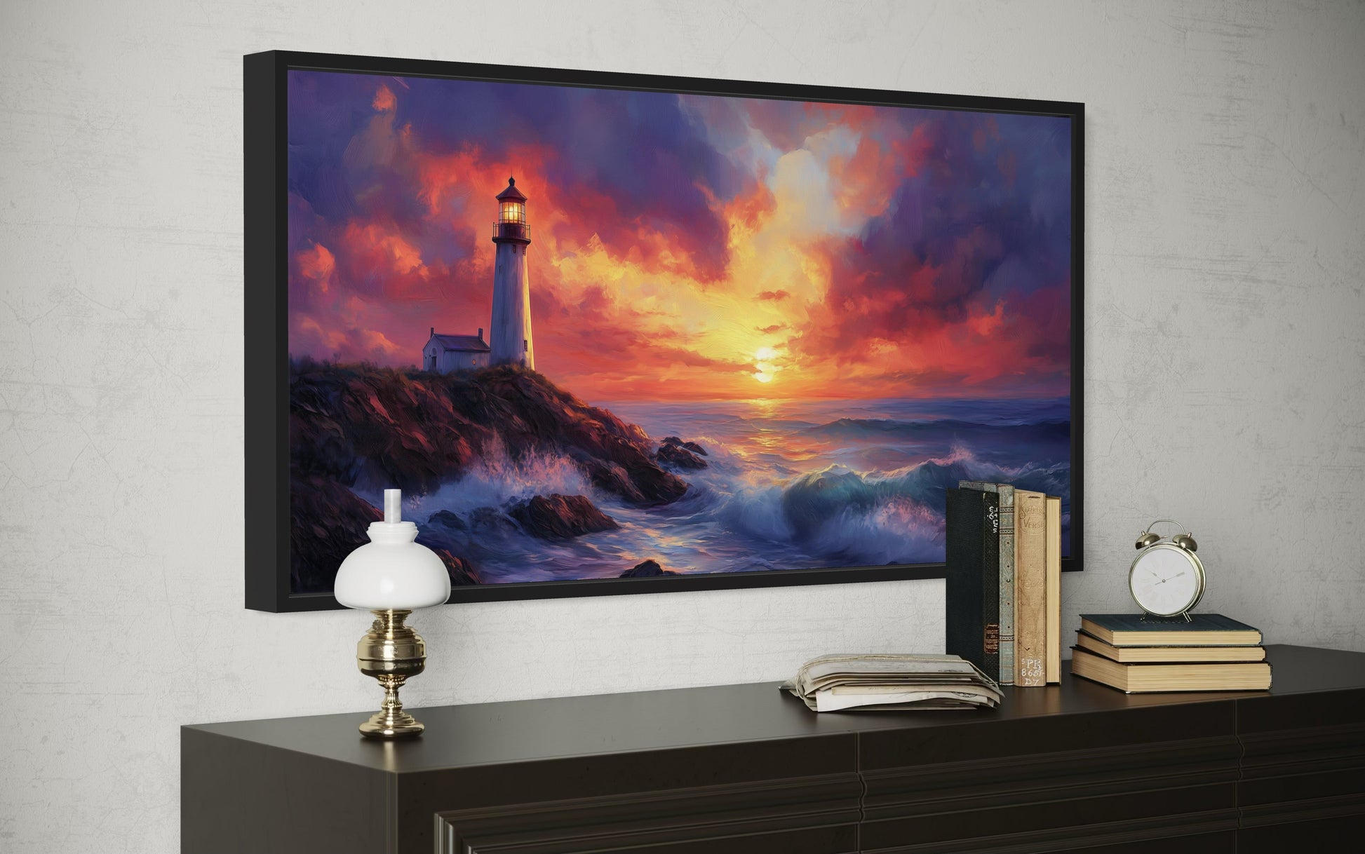 Colorful Lighthouse At Sunset Framed Nautical Wall Decor Canvas Wall Art