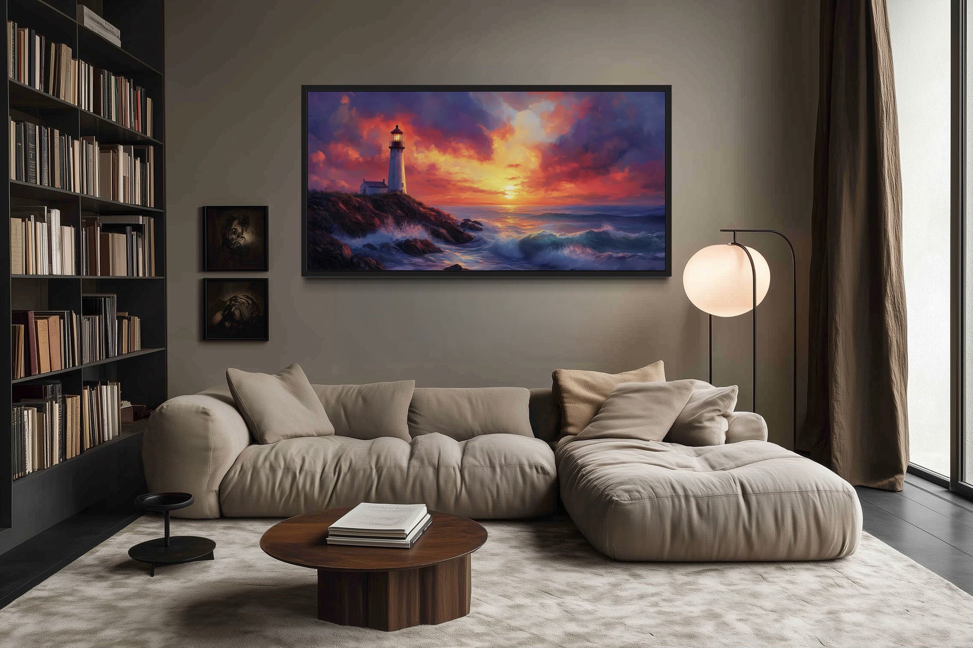 Colorful Lighthouse At Sunset Framed Nautical Wall Decor Canvas Wall Art