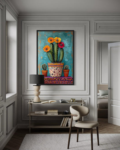 Colorful Mexican Blooming Cactus Framed Canvas Wall Art