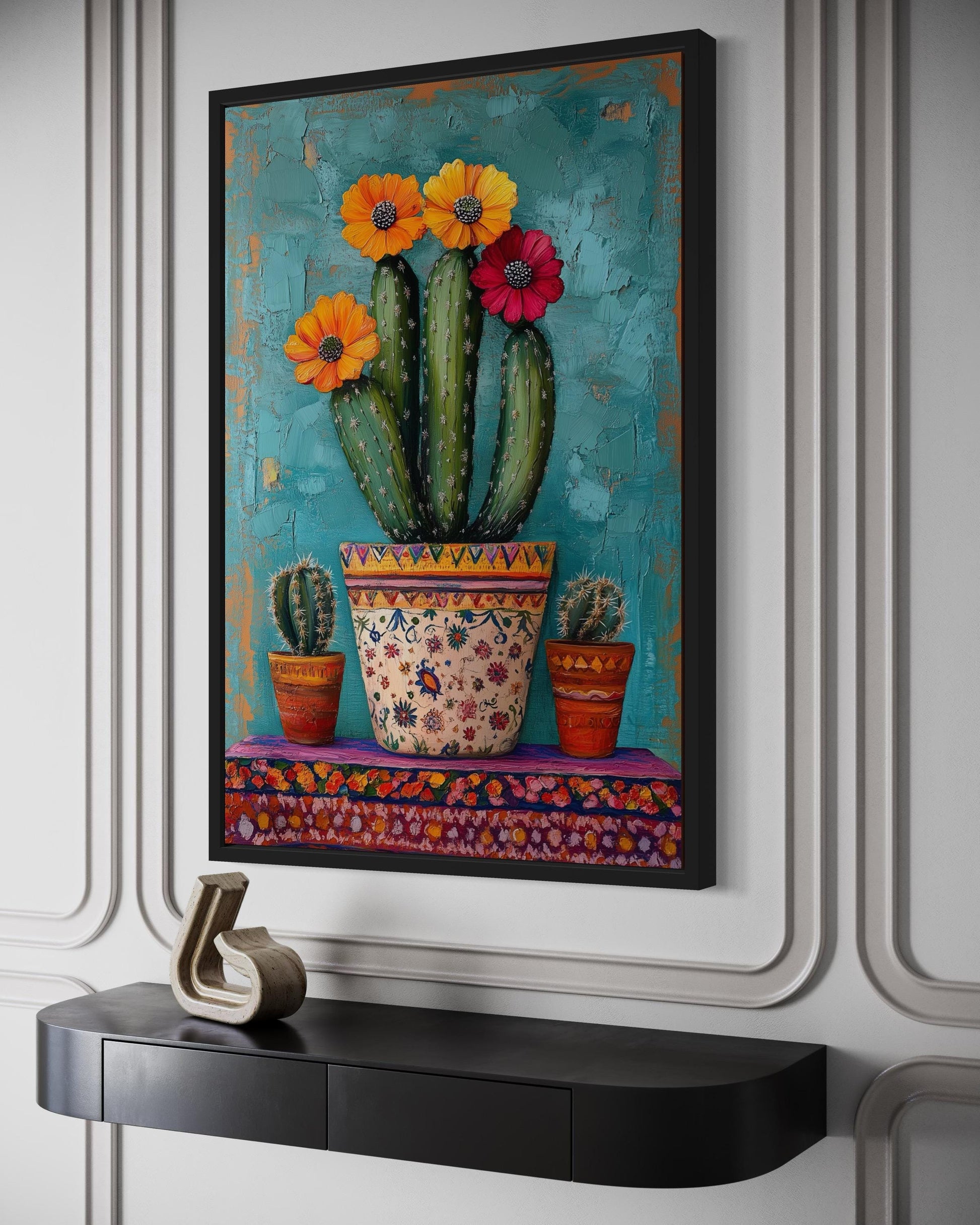 Colorful Mexican Blooming Cactus Framed Canvas Wall Art