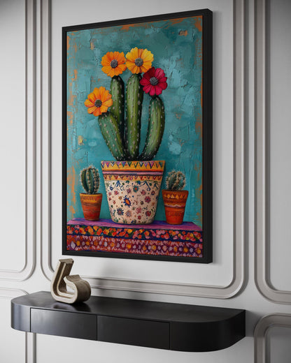 Colorful Mexican Blooming Cactus Framed Canvas Wall Art