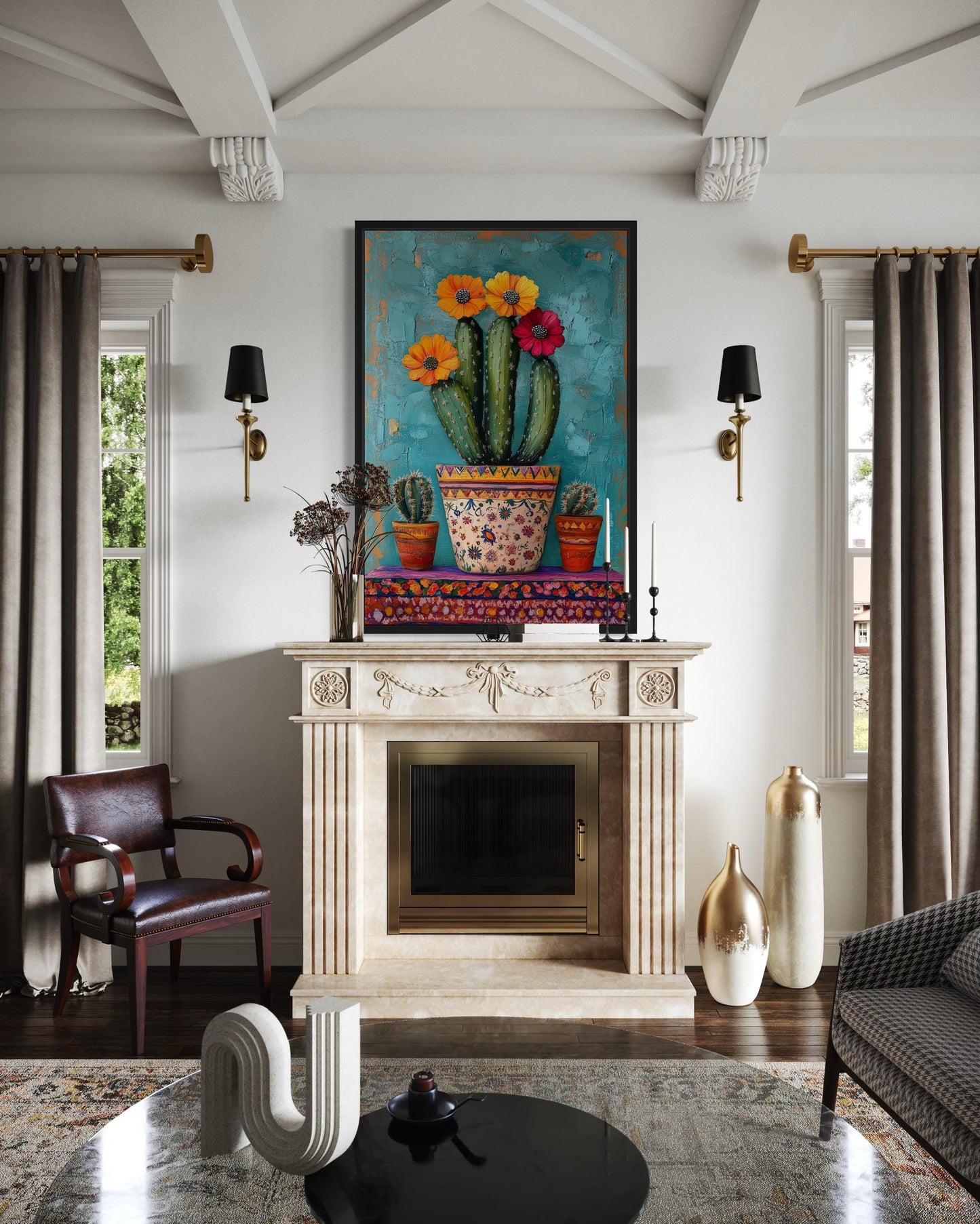 Colorful Mexican Blooming Cactus Framed Canvas Wall Art