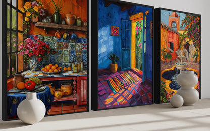 Colorful Mexican Kitchen, House And Courtyard Framed Canvas Wall Art