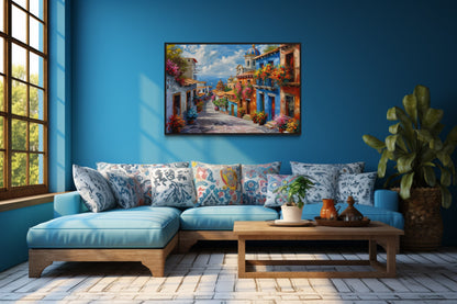 Colorful Mexican Village Street Framed Canvas Wall Art