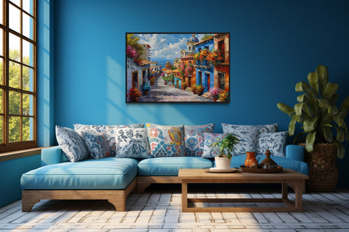 Colorful Mexican Village Street Framed Canvas Wall Art